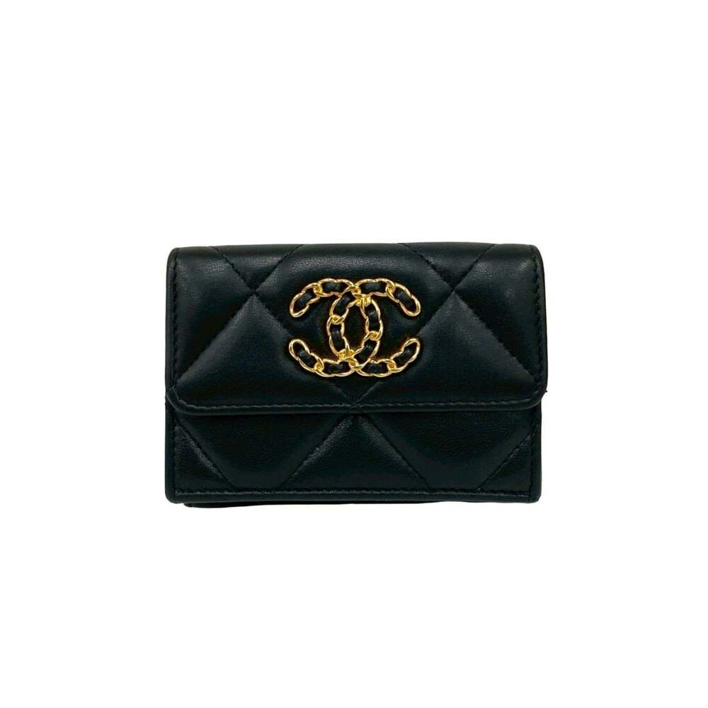 CHANEL Authentic Black Lambskin Leather Logo Wallet